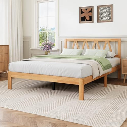 Novilla 12 Inch Queen Bed Frame with Headboard Bed Frame Queen Size Solid Wooden Bed Frame Foundation with Wood Slat Support, No Box Spring Needed, Easy Assembly, Natural Grain Wood