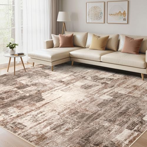 kakania Abstract 12x14 Area Rugs for Living Room: Washable Rugs Brown | Soft, Non-Slip, Low-Pile, Pet & Kid Friendly - Large Modern Home Decor Carpet for Bedroom/Dining Room/Office/Nursery - color: Brown, size: 12' x 14' (Rectangular)
