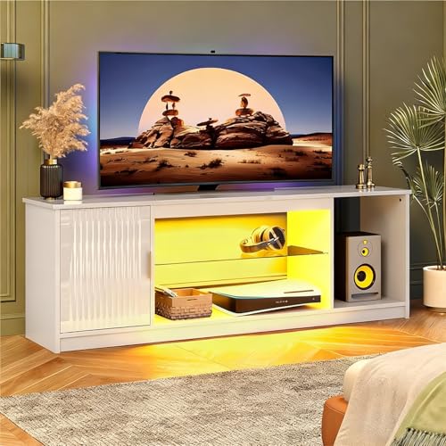Bestier Glossy Fluted TV Stand for 65 Inch TV, Gaming LED Entertainment Center with Cabinet for PS5 Xbox, TV Console with Adjustable Glass Shelves for Living Room Bedroom, Bright White - color: Bright White