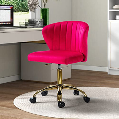 TINA'S HOME Office Desk Chairs with Wheels & Gold Base, Modern Velvet Cute Armless Office Chair, Adjustable Low Back Swivel Rolling Chair, Upholstered Task Chair for Living Room Vanity Study-Fushia | Modern Velvet Cute Armless Office Chair, Adjustable Low