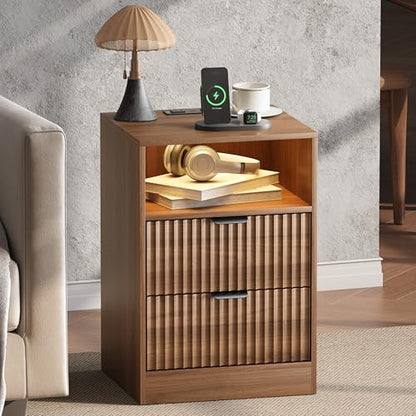 LED Nightstand with Charging Station, Fluted Nightstand Set of 2, Wood Nightstands with 2 Drawers & Metal Handles, Modern Bedside Table & End Tables, Farmhouse Night Stands for Bedroom, Walnut - color: Walnut, style: LED 2 Drawers-2 PCS