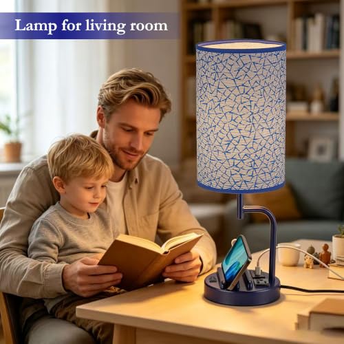 Dreamholder 2 Pack Table Lamp, Bedside Lamp with 3 USB Charging Ports & AC Outlet, USB Desk Lamp with 2 Phone Holders, Linen Fabric Shade Nightstand Lamps for Bedroom Living Room Office, Blue - color: Blue
