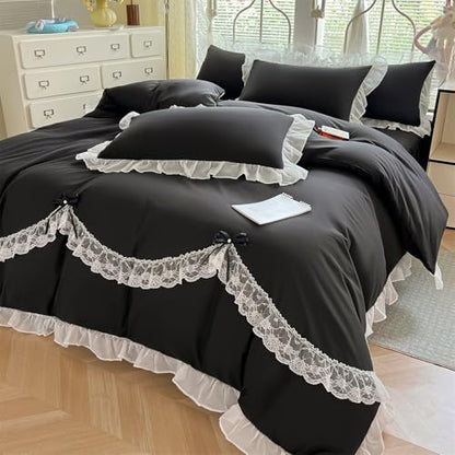 MOOWOO Lace Ruffled Bedding Setwith Cute Bowtie-3PC(1 Full Duvet Cover 80x90 Inch, 2 Pillowcases) Aesthetic, Black Goth Bedding for All Season - color: Black, size: Full