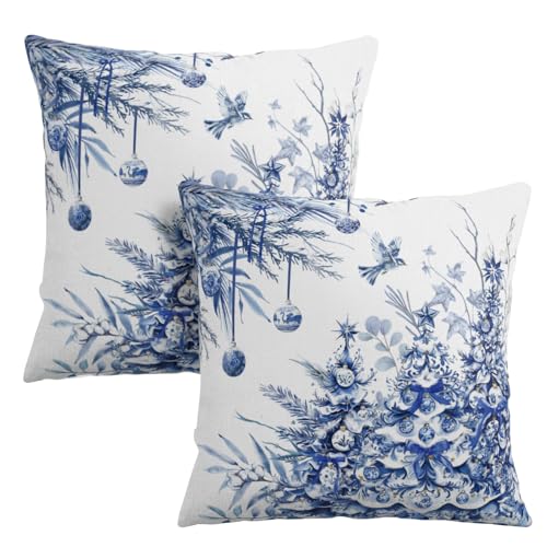 Blue Christmas Tree Pillow Covers 20x20 Set of 2 Chinoiserie Xmas Pine Trees Bird Ball Decorative Throw Pillows Winter Rustic Style Print Outdoor Cushion Cases for Home Party Sofa - color: Blue Christmas Tree, size: 20" x 20" (Pack of 2)