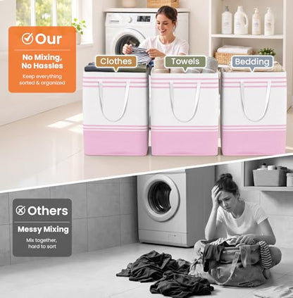 TranquilRelax 3-Pack Laundry Basket, Laundry Hamper, Pink-125L | Freestanding＆Water-Resistant Laundry Hamper, Collapsible Tall Clothes Hamper with Carry Handles for Clothes, Laundry Basket - color: Pink, size: 125L