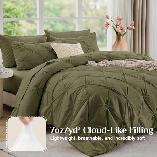 JOLLYVOGUE Twin Comforter Set 5 Pieces - Bed in a Bag Twin for All Season, Pintuck Bedding Comforter Sets with Comforter, Flat Sheet, Fitted Sheet and Pillowcases & Shams, Olive Green - color: Olive Green, size: Twin