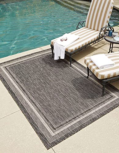 Unique Loom Outdoor Border Collection 부분 러그 - 부드러운 테두리 (2.1m x 3m(7피트 10인치 x 10피트) 직사각형 블랙/아이보리) - color: 블랙/아이보리, size: 7'10" x 10' (Rectangular)