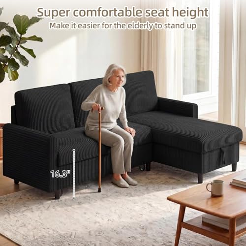 77" Pull Out Sleeper Sofa Bed with Storage Chaise, L-Shaped Corduroy Sectional Couch, 3-Seater Convertible Sofa Bed for Small Space, Apartment & Guest Room, Pet-Friendly & Easy Assembly, Black