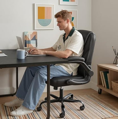 PU Leather Mid-Back Office Chair, Flip-Up Arms, 3.5" Dual-Layer Cushion | PU leather mid-back chair with 3.5" dual-layer cushion, flip-up armrests, swivel wheels, and pneumatic height adjustment - color: Black