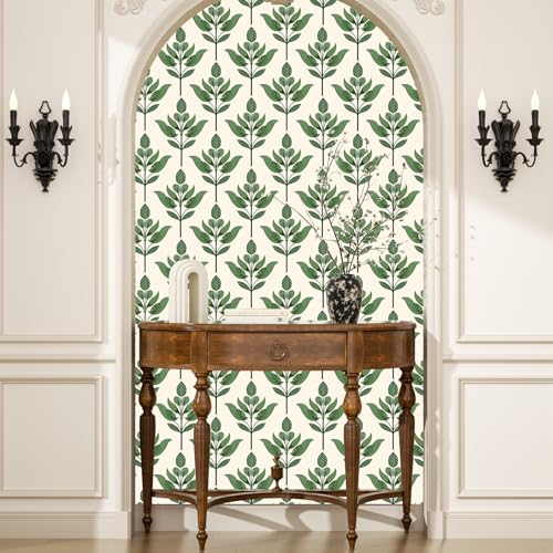 BOKEBEVE Super Long Boho Leaf Wallpaepr Peel Stick Green Beige 17.5 x 787In | Leaves Contact Paper Boho Wallpaper for Accent Wall Bedroom Bathroom Drawer Modern Waterproof Removable - color: Beige/Green, size: 17.5" x 787"
