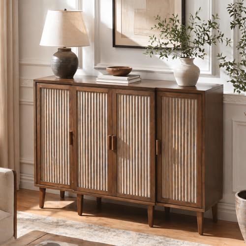 Ahokua 47.5" Fluted Sideboard Cabinet with Adjustable Shelves, Wood Storage Cabinet, Slim Buffet Cabinet for Dining Room, Entryway, Coffee Bar, Living Room, Walnut Brown