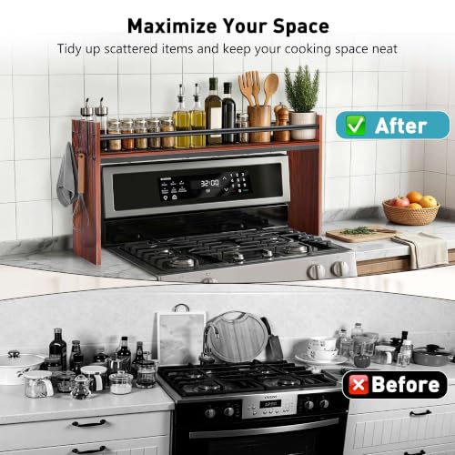 Spice Rack Shelf for Kitchen Stove, Over The Stove Shelf with 4 Hooks, Premium Wood & Metal Commbined Spice Rack Organizer Extra Storage Countertop (Walnut) - color: Walnut