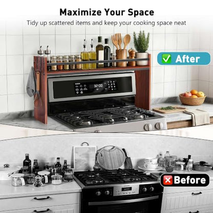 Spice Rack Shelf for Kitchen Stove, Over The Stove Shelf with 4 Hooks, Premium Wood & Metal Commbined Spice Rack Organizer Extra Storage Countertop (Walnut) - color: Walnut