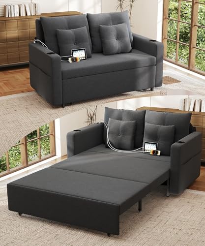 Krcix 3 in 1 Sofa Bed, 56" Pull Out Couch, Convertible Loveseat Sleeper | Sleeper Sofa with Cup Holder, Storage Pocket, USB, Family Couches for Living Room, Bedroom, Apartment, Dark Grey