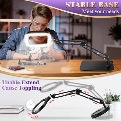 10X 30X Magnifying Glass with Light and Stand,Large Desk Lamp Magnifiers | Large Crystal-clear Magnifies,3 Color Modes&10 Brightness Levels for Reading,Crafting,Repair,flexible Arm,Large Stable Base