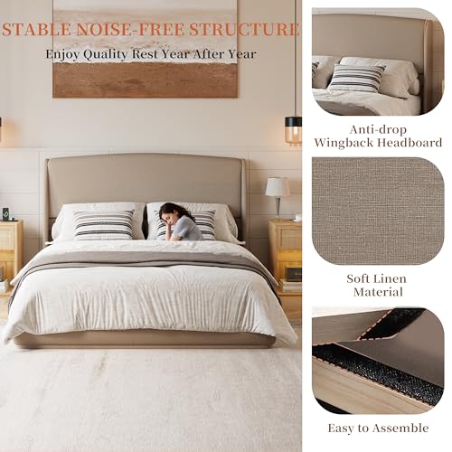 RuiSiSi Queen Size Upholstered Bed with Wingback Headboard, Low Profile Linen Fabric Platform Bed Frame, Strong Wood Slats, No Box Spring Needed, Easy Assembly, Brown - color: Brown