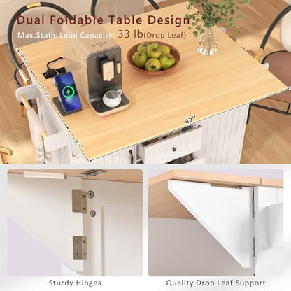 55.7'' Large Kitchen Island with 2 Drop Leaf, Rolling Kitchen Cart on 5 Wheels with Power Outlet, Folding Storage Dining Table with Spice & Towel Rack, 3 Drawers, for Kitchen, Dining Room, White - style: White