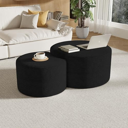 Round Nesting Coffee Table Set of 2,Upholstered Foam Ottoman Footrest Side Table Set,Modern Flannel Circle Coffee Table No Assembly for Living Room Entryway Bedroom,Black - color: Black