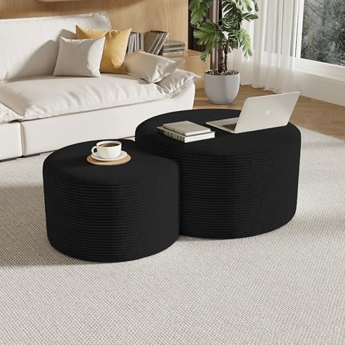 Round Nesting Coffee Table Set of 2,Upholstered Foam Ottoman Footrest Side Table Set,Modern Flannel Circle Coffee Table No Assembly for Living Room Entryway Bedroom,Black - color: Black