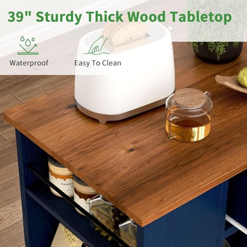4 EVER WINNER 39" Rolling Kitchen Island with Storage and Drawer, Farmhouse Kitchen Island on Wheels with 3-Tier Spice Rack, Adjustable Shelf & Towel Rack, Mobile Kitchen Cart for Small Space, Blue - style: BLUE