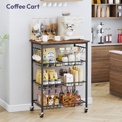 SWTYMIKI 24.4''x15.7'' Rolling Microwave Cart - 4 Tier Microwave Table Stand with 6 Storage Baskets, Coffee Bar with Wheels, Kitchen Utility Cart Shelf Rack Organizer for Vegetables, Potato, Brown - color: Brown