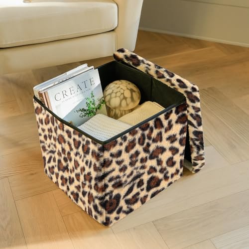 Luxe Faux Fur Storage Ottoman, Leopard, 15 x 15 x 15 in | Engineered Wood, Tool-Free Assembly, Modern Style, Seat And Footrest - color: Leopard, size: 15"D x 15"W x 15"H