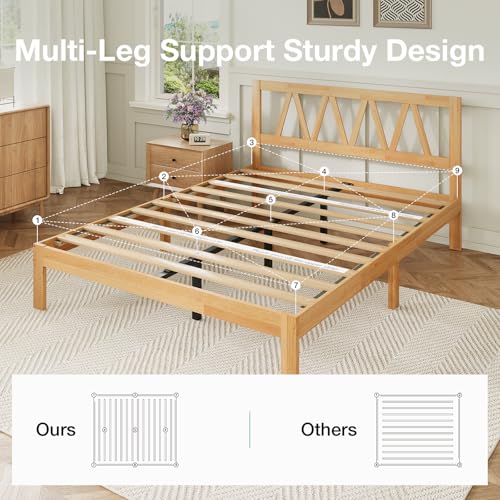 Novilla 12 Inch Queen Bed Frame with Headboard Bed Frame Queen Size Solid Wooden Bed Frame Foundation with Wood Slat Support, No Box Spring Needed, Easy Assembly, Natural Grain Wood