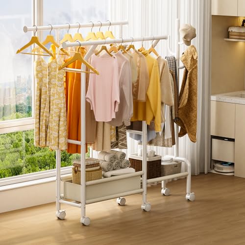 Homeiju Heavy Duty Clothes Rack Load 500LBS, Three Rods Clothing Racks for Hanging Clothes Extendable, Rolling Garment Rack with Sturdy Wheels, Basket, Storage Shelves, White - color: White
