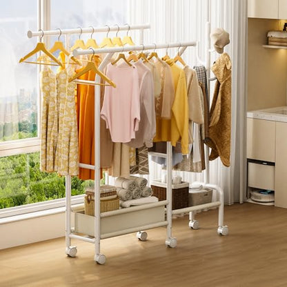 Homeiju Heavy Duty Clothes Rack Load 500LBS, Three Rods Clothing Racks for Hanging Clothes Extendable, Rolling Garment Rack with Sturdy Wheels, Basket, Storage Shelves, White - color: White