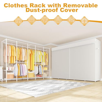 H50C Clothes Rack with Cover, Large Covered Clothing Rack, White | Freestanding Portable Closets for Hanging Clothes, Heavy Duty Garment Racks with Shelves, 91.3 Inches Wide, Max Load 1350 Lbs - color: White Rack with White Cover