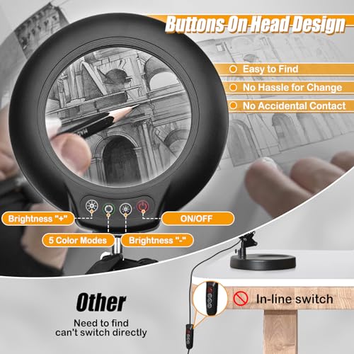 Real Glass 12X Magnifying Glass with Light and Stand (No Acrylic Lens), 2-in-1 Lighted Magnifier with Clamp, 5 Color Modes Dimmable LED Desk Lamp Hands Free for Painting Craft Sewing Hobby Close Work - color: Black