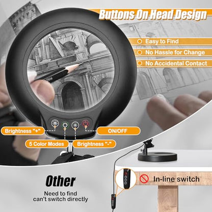 Real Glass 12X Magnifying Glass with Light and Stand (No Acrylic Lens), 2-in-1 Lighted Magnifier with Clamp, 5 Color Modes Dimmable LED Desk Lamp Hands Free for Painting Craft Sewing Hobby Close Work - color: Black