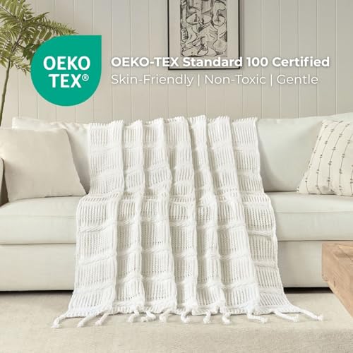 Boho Knitted Chenille Blanket with Tassels - Lightweight & Soft All-Season Throw - 3D Classic Pattern for Living Room Bedroom Couch, Cloud White, Throw 50"x60" - color: Cloud White, size: Throw
