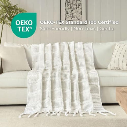 Boho Knitted Chenille Blanket with Tassels - Lightweight & Soft All-Season Throw - 3D Classic Pattern for Living Room Bedroom Couch, Cloud White, Twin 60"x80" - color: Cloud White, size: Twin