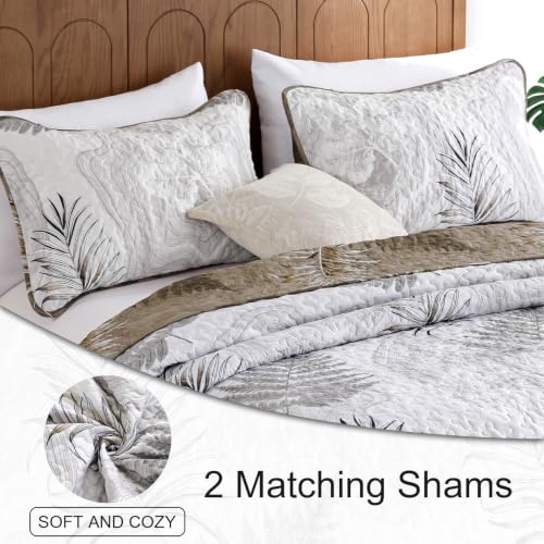 DJY Brown Quilts Queen Size Floral Leaves Bedspread Reversible Coverlet Set, Fall Quilt Bedding Set 3 Pieces Soft Lightweight Botanical Bedding Cover 96''x90'' - color: Brown White, size: Queen