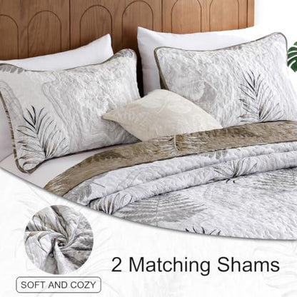 DJY Brown Quilts Queen Size Floral Leaves Bedspread Reversible Coverlet Set, Fall Quilt Bedding Set 3 Pieces Soft Lightweight Botanical Bedding Cover 96''x90'' - color: Brown White, size: Queen