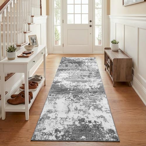 Grey 2x5 Washable Entryway Runner Rug Non Slip for Hallways Kitchen, Bathroom Rug Runners with Rubber Backing 5ft Long Carpet for Laundry Room, Low Pile Stain & Fade Resistant, Abstract Gray - color: Grey, size: 2' X 5' (Runner)