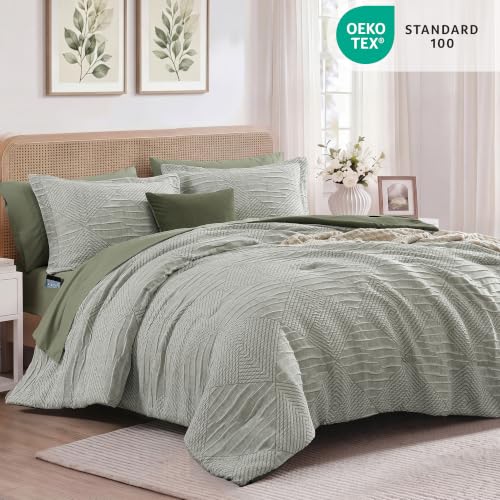 MaiRêve Full Size Comforter Set Light Olive Green Boho Bedding Set 7 Pieces | Crinkle Textured Geometric All Season Bed in a Bag with Comforter, Sheets, Pillowcases & Shams - color: Light Olive Green, size: Full