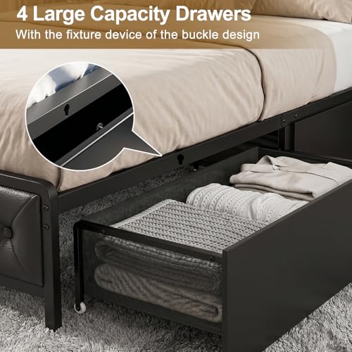 Twin Bed Frame with Button Headboard, PU Leather, All-Metal Support Platform LED Light Strip Twin Bed with Storage and Charge Station, Easy to Install, Stable, Noise-Free (Black) - color: Black
