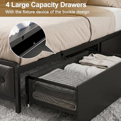 Twin Bed Frame with Button Headboard, PU Leather, All-Metal Support Platform LED Light Strip Twin Bed with Storage and Charge Station, Easy to Install, Stable, Noise-Free (Black) - color: Black