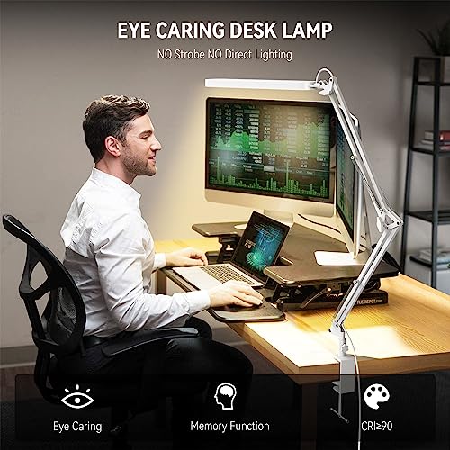 Led Desk Lamp - 31.5" Desk Light - 5 Color Modes X 11 Brightness Levels - Adjustable Swing Arm - Timmer & Memory Function - 12W Study Lamp - White - style: White swing arm