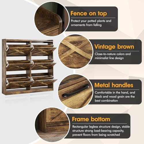 Maupvit Large Shoe Storage Cabinet with 6 Flip Drawers, Freestanding Shoe Organizer with Metal Handles for Entryway, Narrow Shoe Rack Cabinet, Rustic Brown - color: Rustic Brown, style: 6-Drawers