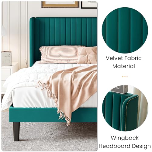 SHA CERLIN Queen Size Velvet Bed Frame, Tufted Wingback Headboard, Teal | 47'' Modern Vertical Channel Headboard, Upholstered Platform Bed, Wood Slats, No Box Spring Needed, Easy Assembly, Noise Free - color: Teal, size: Queen