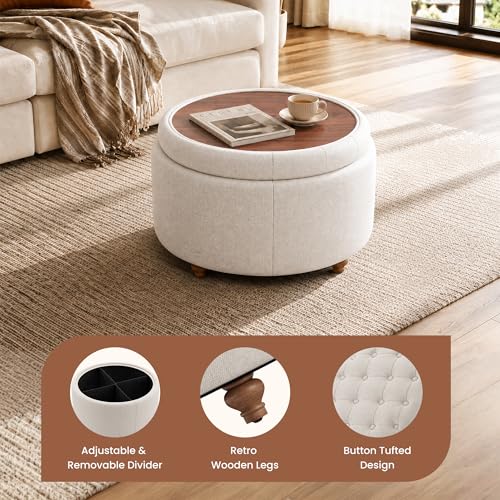 25" Round Ottoman with Storage, Small Coffee Table with Reversible Tray Lid | Tufted Fabric Round Storage Ottoman with Solid Wood Legs, 3-in-1 Footrest for Living Room, Bedroom, Entryway, Camel - color: Camel