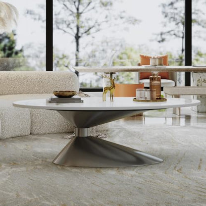 49.2" Oval Marble Coffee Table with Silver Stainless Steel Base, Luxury Sintered Stone Top Center Cocktail Tea Tables for Living Room,Easy Assembly - color: Style 4: Silver Base
