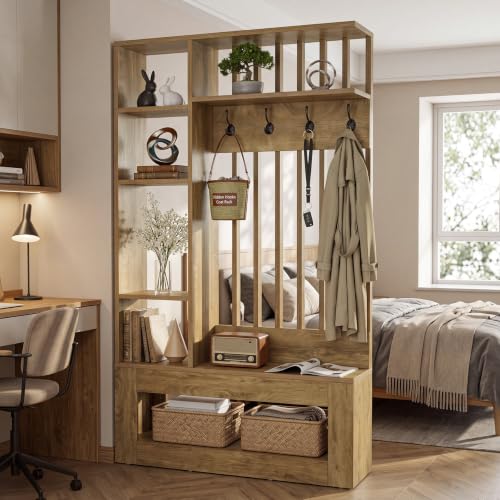 Tribesigns Wall Room Divider with Shelves and Coat Hooks, 5-in-1 Divider | Entryway Bench with Coat Rack, 4 Hooks, Freestanding Room Partition for Home & Office, Brown (39.37" W x 11.8" D x 70.87" H)