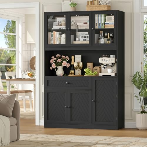72” Tall Kitchen Pantry Storage Cabinet, Modern White Kitchen Hutch with Large Storage Drawer, Countertop, Adjustable Shelves, Food Pantry Cabinets for Dining Room, Living Room (Black) | Kitchen Hutch with Large Storage Drawer, Countertop, Adjustable Shel