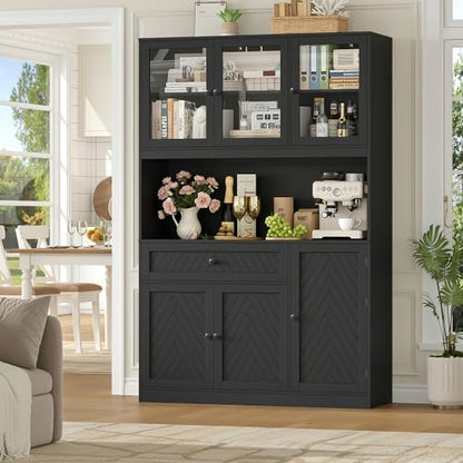 72” Tall Kitchen Pantry Storage Cabinet, Modern White Kitchen Hutch with Large Storage Drawer, Countertop, Adjustable Shelves, Food Pantry Cabinets for Dining Room, Living Room (Black) | Kitchen Hutch with Large Storage Drawer, Countertop, Adjustable Shel