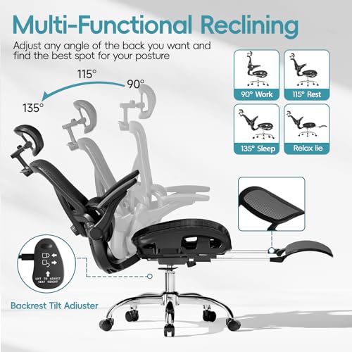 Ergonomic Office Chair, Home Office Desk Chairs with Adjustable Lumbar | Allion Ergonomic Mesh Computer Gaming Chairs with 3D Headrest, Flip-up Arms, Big Tall Reclining chair for Men Women, Black - color: Black