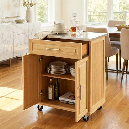 Christopher Knight Home ZAH Bamboo Rolling Cart with Drawers, Kitchen Bar Cart on Wheels with Stainless Steel Top, Mobile Rolling Kitchen Cart Storage Cabinet, Serving Cart, 29.13'' x 18.5'', Natural - size: Small